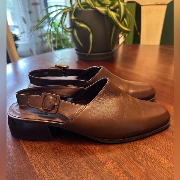 Naturalizer Brown Leather MULES With Back Strap Size 9 Chunky Heel - Picture 1 of 9